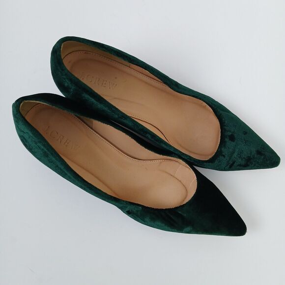 J. Crew Velvet Heels Women 7.5 Green Block Heel Old Money Quiet‎ Luxury Office - Picture 9 of 11